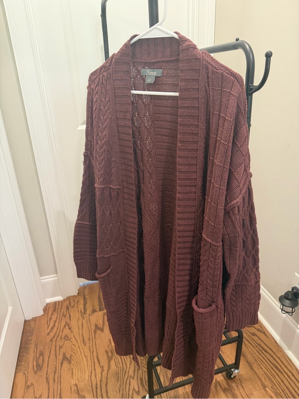 Natural Reflections Open-Front Cable Knit Cardigan - Burgundy
